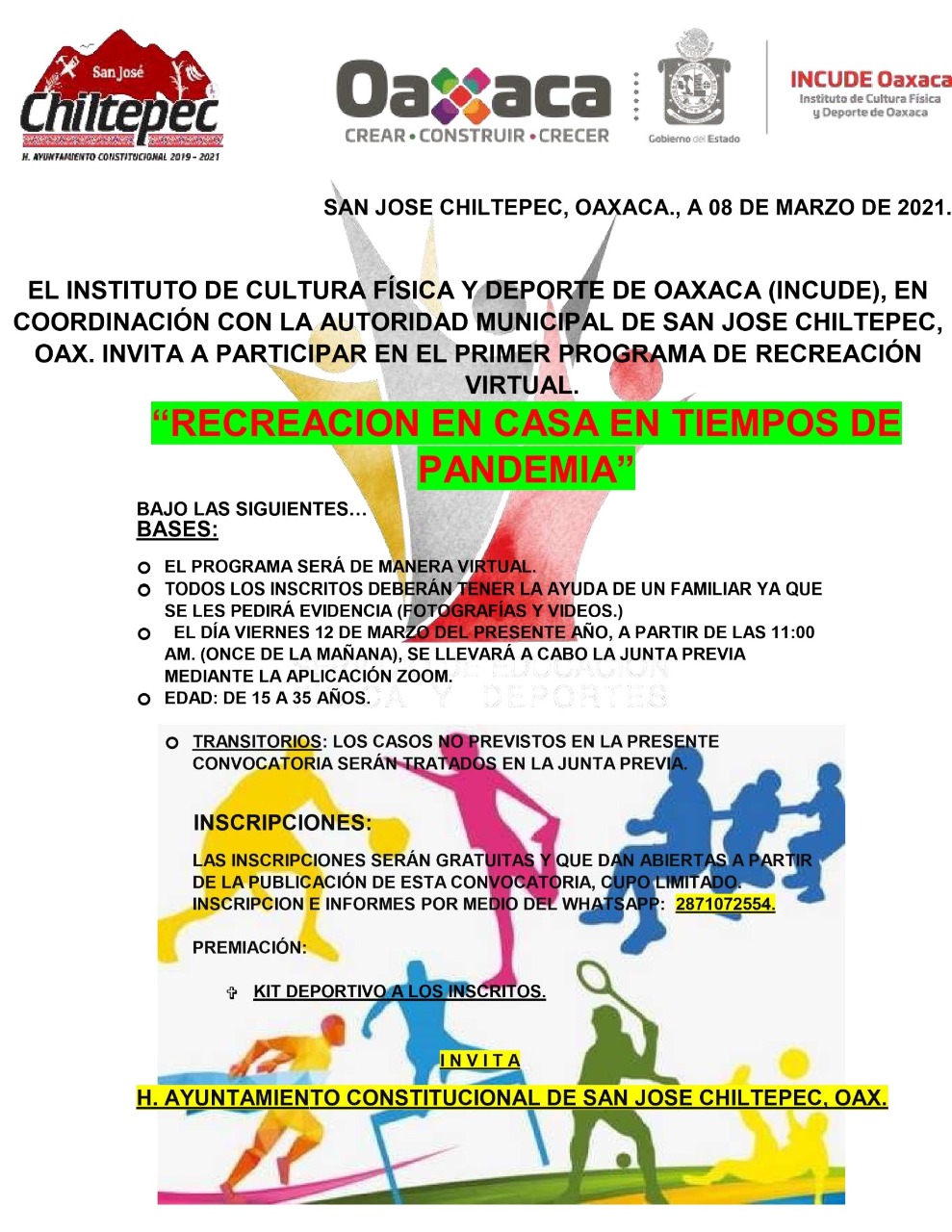 Inicia Bloque Deportivo “Benito Juárez” con la actividad “Recreación  deportiva en casa en tiempo de pandemia” – Coordinación de Comunicación  Social del Gobierno del Estado