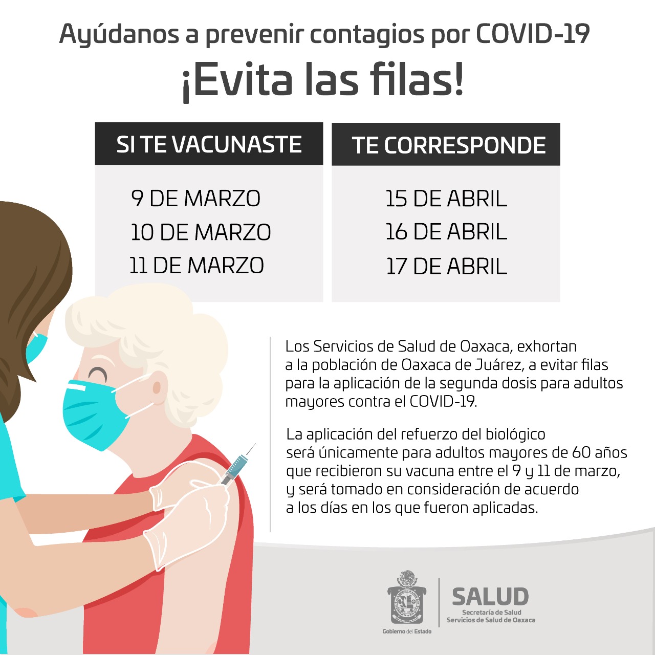 SSO hace un llamado a evitar filas para la aplicación de la segunda dosis de  la vacuna contra la COVID-19 en Oaxaca de Juárez – Coordinación de  Comunicación Social del Gobierno del